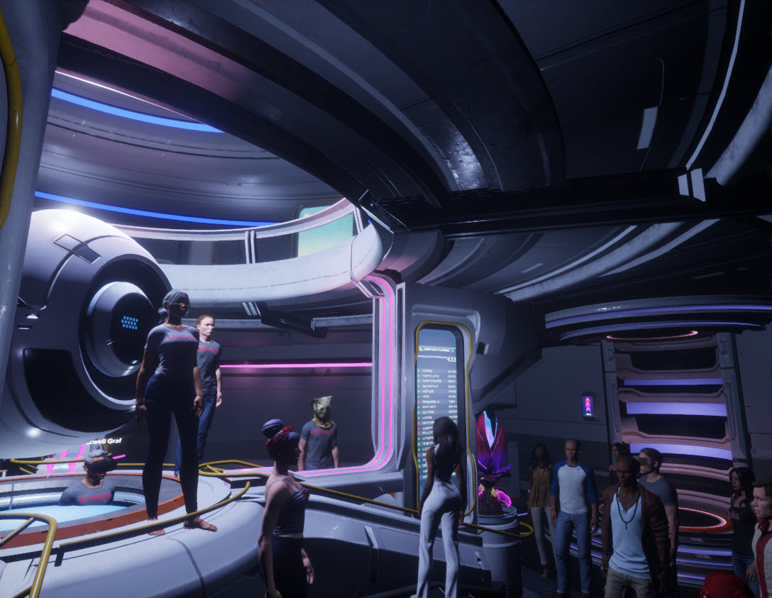 Avatars inside the Astro Port environment attending a user group meeting.
