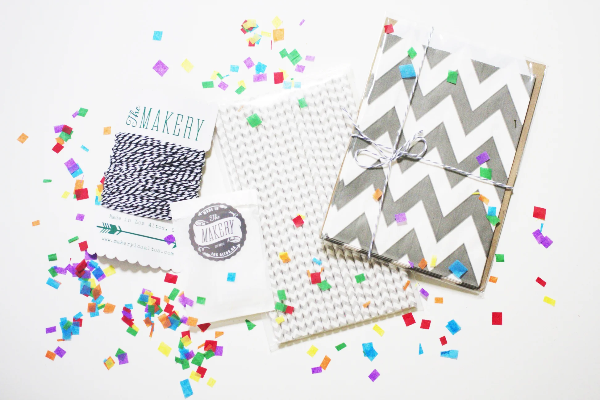 Local Bay Area shop, The Makery in Los Altos, contributed the perfect party packs of colorful twine, gift tags, matching paper straws, favor bags and confetti. 
