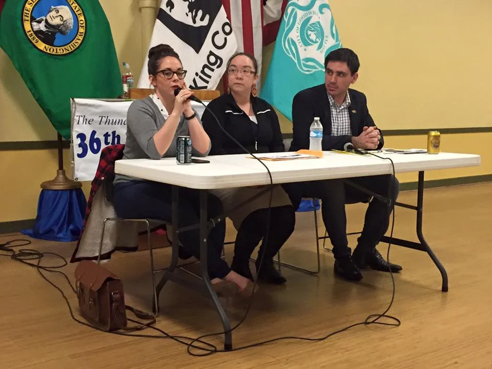 Hanna Brooks Olsen, Mercedes Elizalde, and me, presenting before the 36th District Democrats (photo credit: Josh Castle)