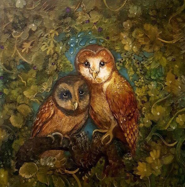 "I chose this as 2nd place because it really stands out. I love the colour choices and I admire the atmosphere that’s been created using oil paints. The owls colours are warm and beautiful with clever use of light on their faces." -Nikki Hodges