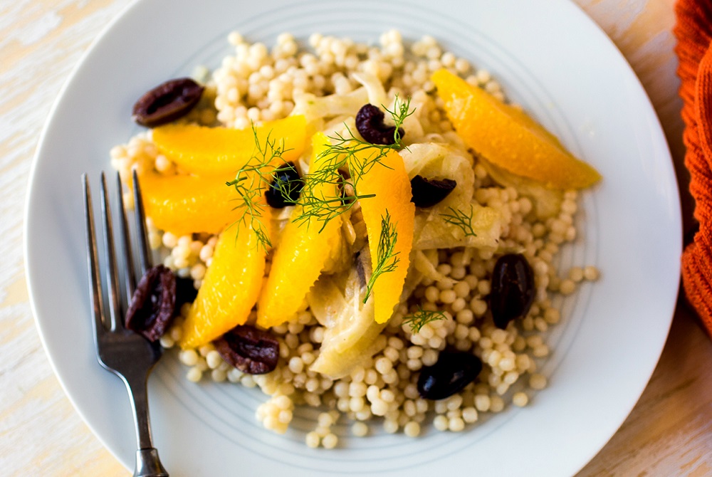 Fennel and Orange Salad with Black Olives on a bed of Couscous