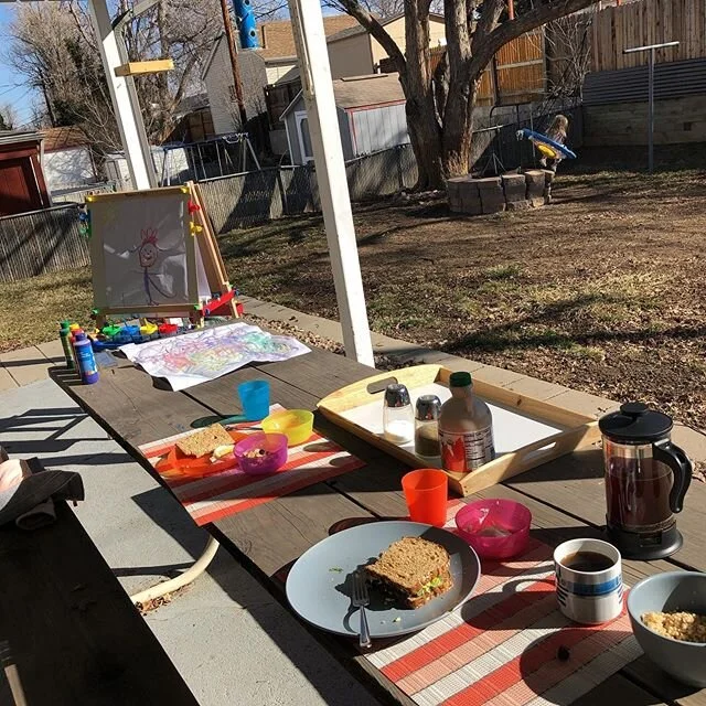Springtime is almost here! We can do our morning breakfast/painting outdoors again! Can you find Wynnie Lou?
.
.
.
#kidspainting #morningpainting #homemadefood #denver  #fatherdaughter