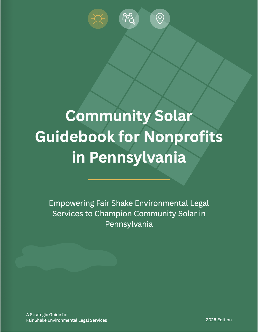 The image displays the cover of the guidebook, titled “Community Solar Guidebook for Nonprofits in Pennsylvania.” It has a simple green cover.