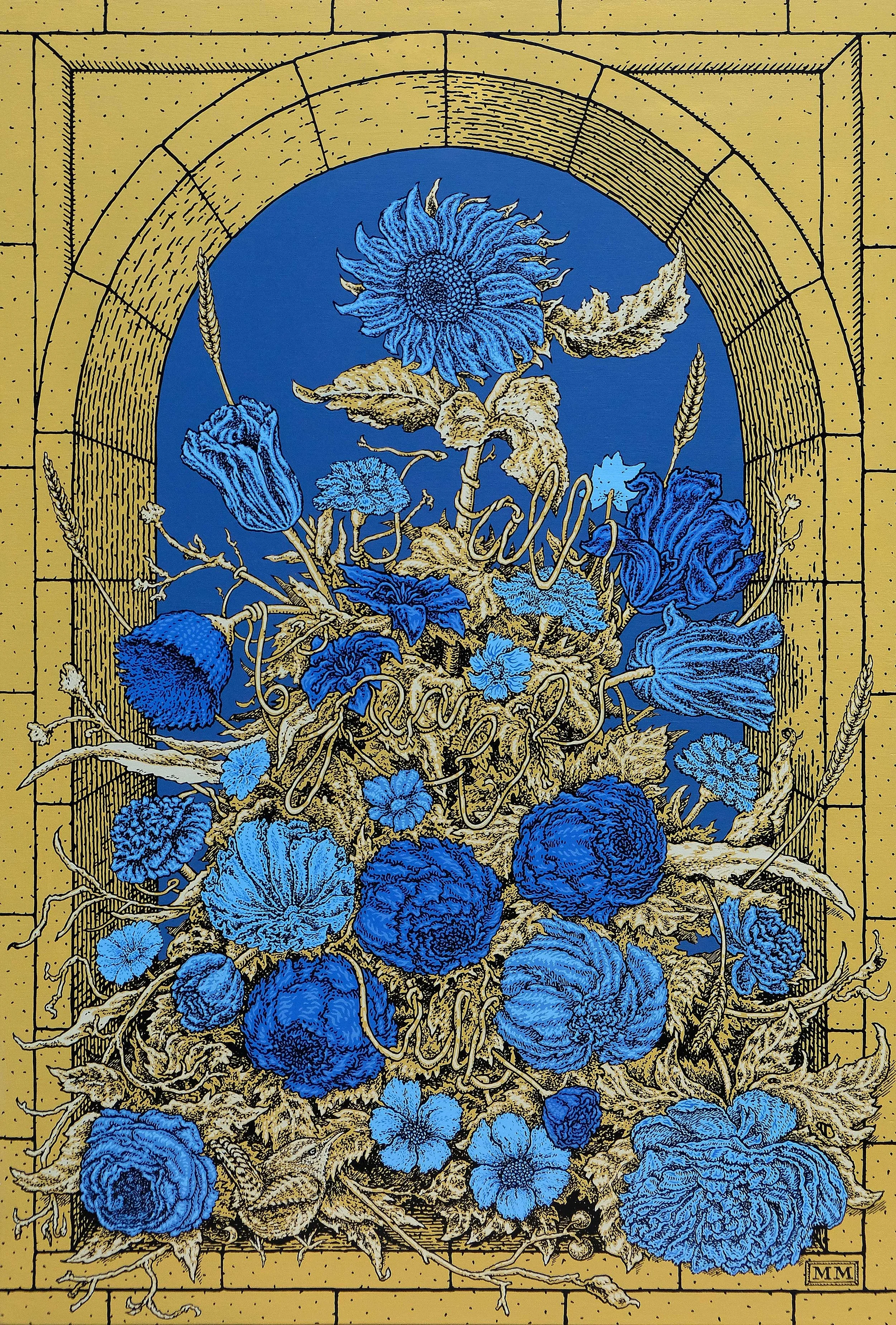 Still Life with Wren and Flowers in Arch