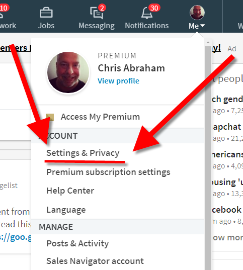 The ‘Me” pull-down menu to Settings & Privacy