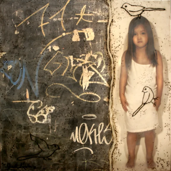 Surface with a Child and Three Birds, 2006, 30" X 30 " , Mixed media/Encaustics (Anna) (sold)