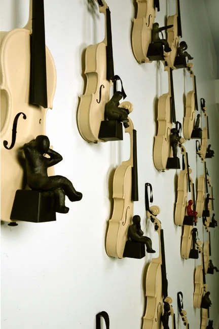 My Story, View of a 21 violin installation, 2009, Mixed Media (sold)