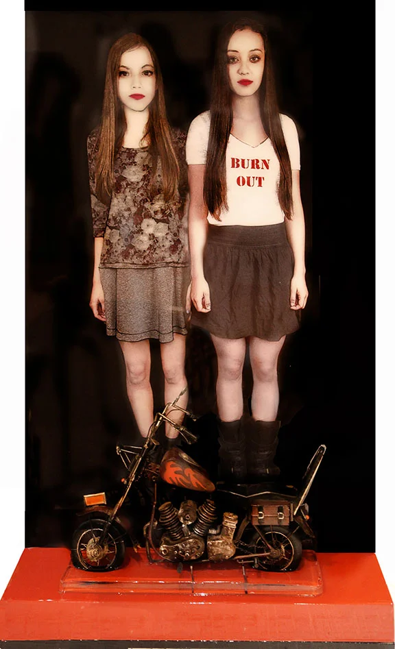 Burn Out, 2013, Mixed Media on panel with attached shelf and Vintage clycle, 38.5" X 24" X 8"