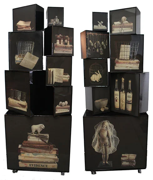Discovery (front and back views), 2013, Mixed Media on 16 sides/boxed panels, 88" X 36" X 21"