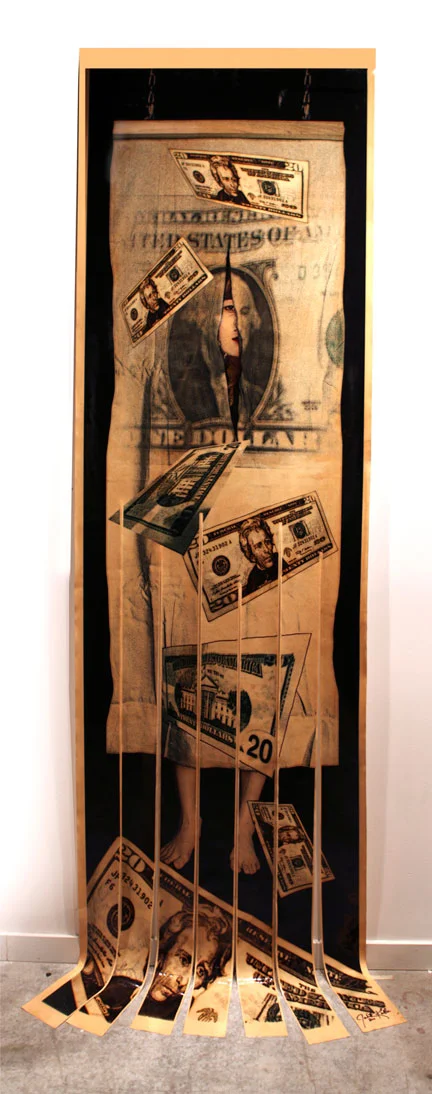 Unraveling the Dollar , 2011, Mixed Media on Canvas, 128" X 36"