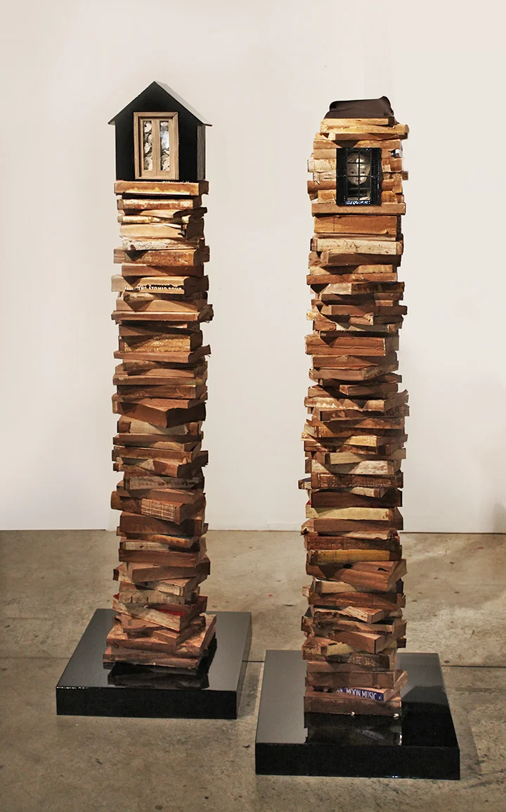 "Home with Stories Filled with Holes" 2014, 69" X 10" X 10" (base 20" X 20"), Mixed Media (sold) "So Many Stories in My Mind" 2014, 66" X 10" X 10" (base 20" X 20"), Mixed Media (sold)