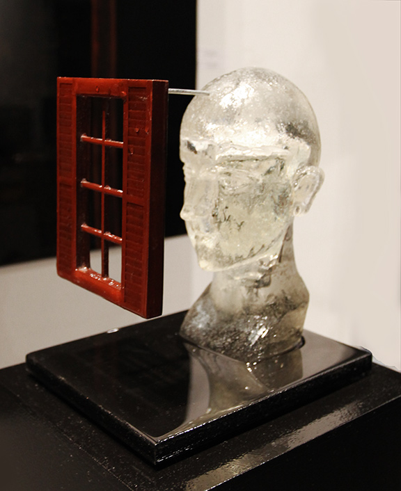 "Transparent Thoughts" front/side view, 2014, 58.5" X 10" X 8.5" (including the pedestal), Mixed Media