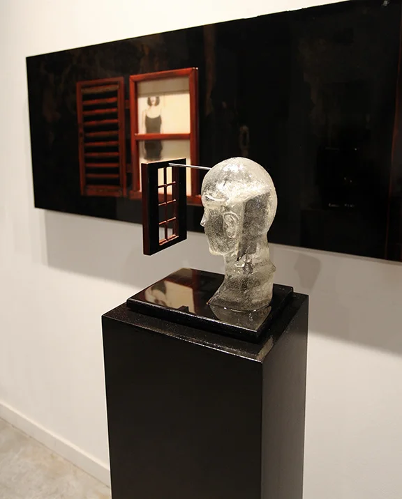 "Transparent Thoughts"side/back view, 2014, 58.5" X 10" X 8.5" (including the pedestal), Mixed Media