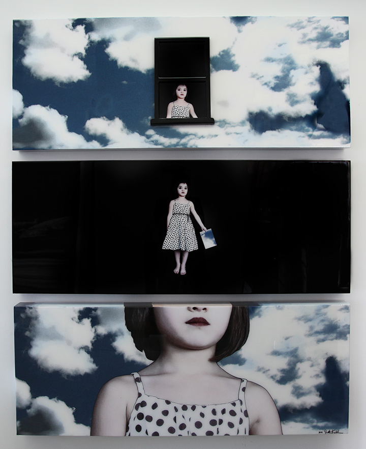 "Piece of the Sky", 2014, Triptych, each panel is 24" X 60", Mixed Media embedded in resin