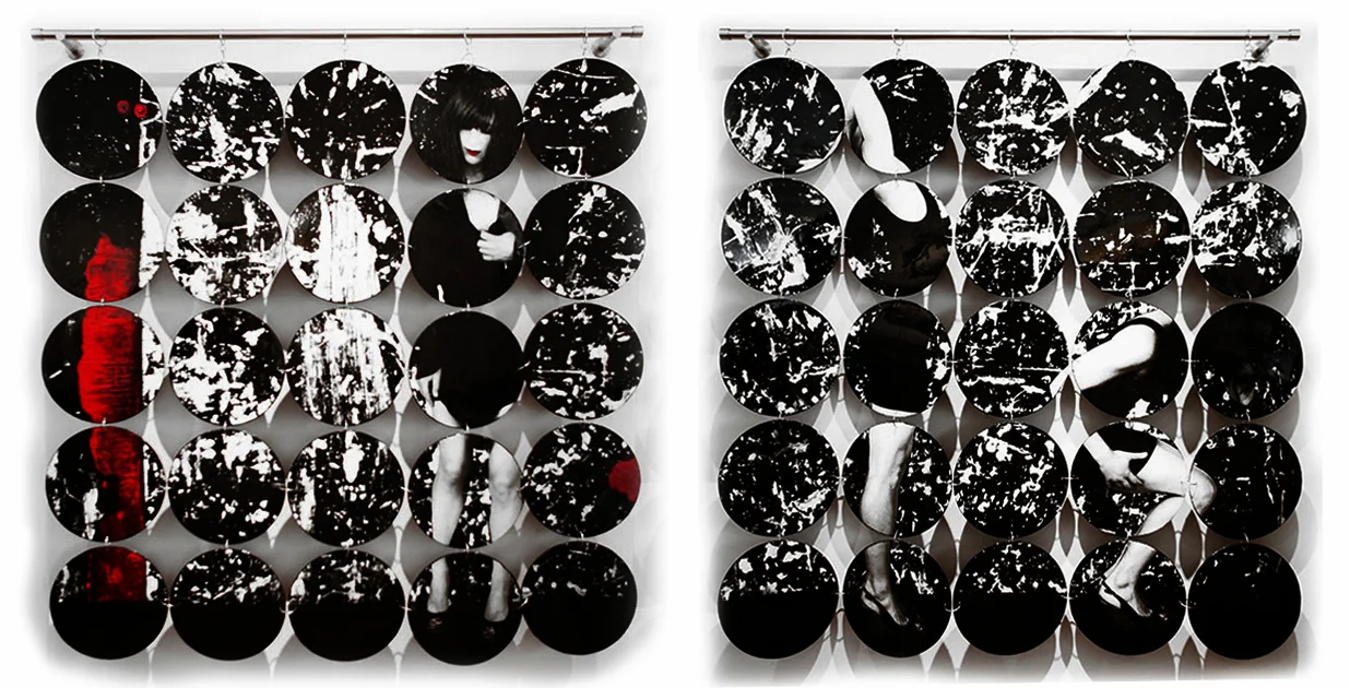 Obscured I and II, 2015, 5'3" x 5' each, Mixed Media - 25 panels suspended by metal rod and linked together each.