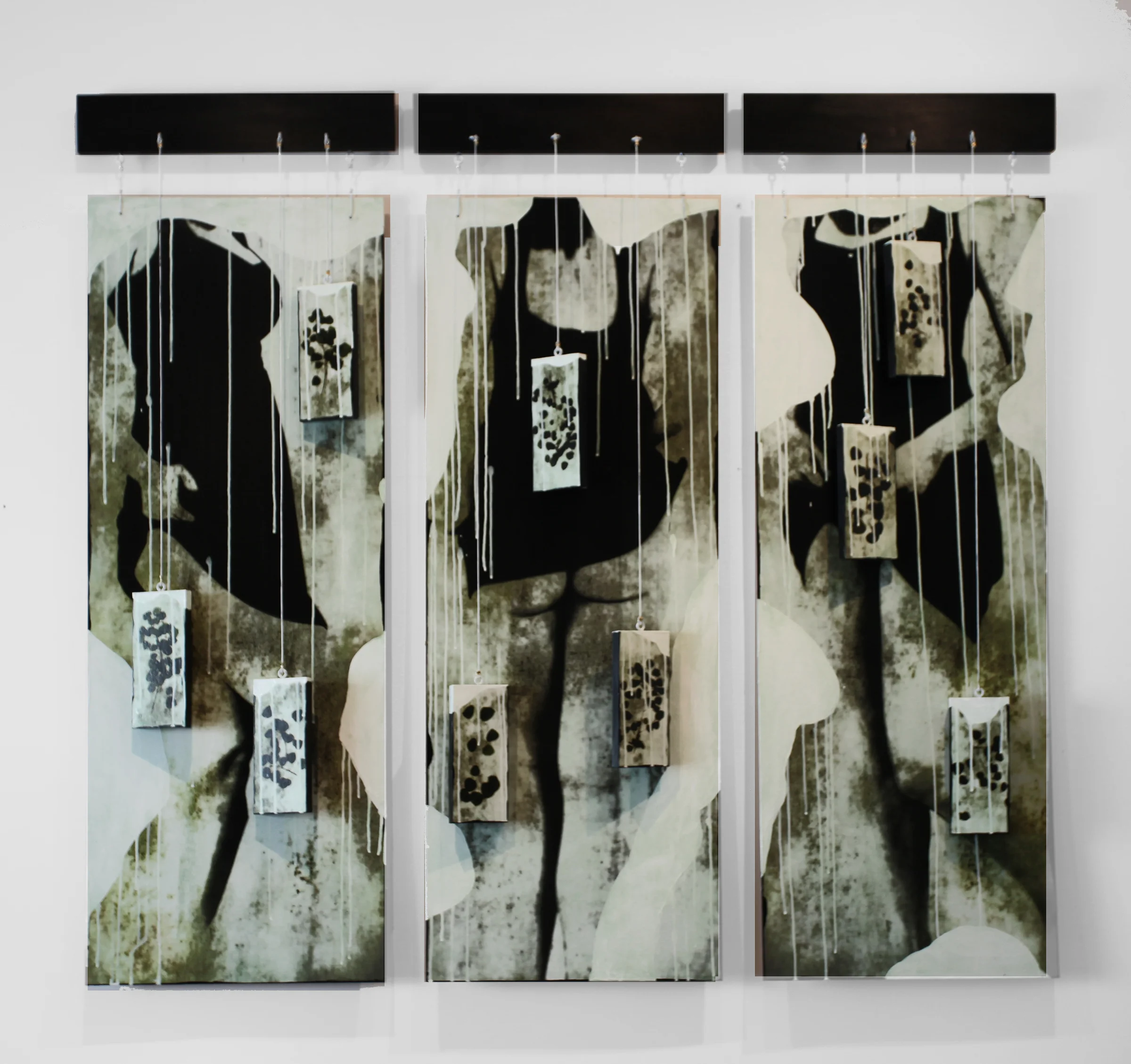 Icing on the Cake Triptych, 2016, Mixed Media with suspended Objects, Each Panel 54" X 18"