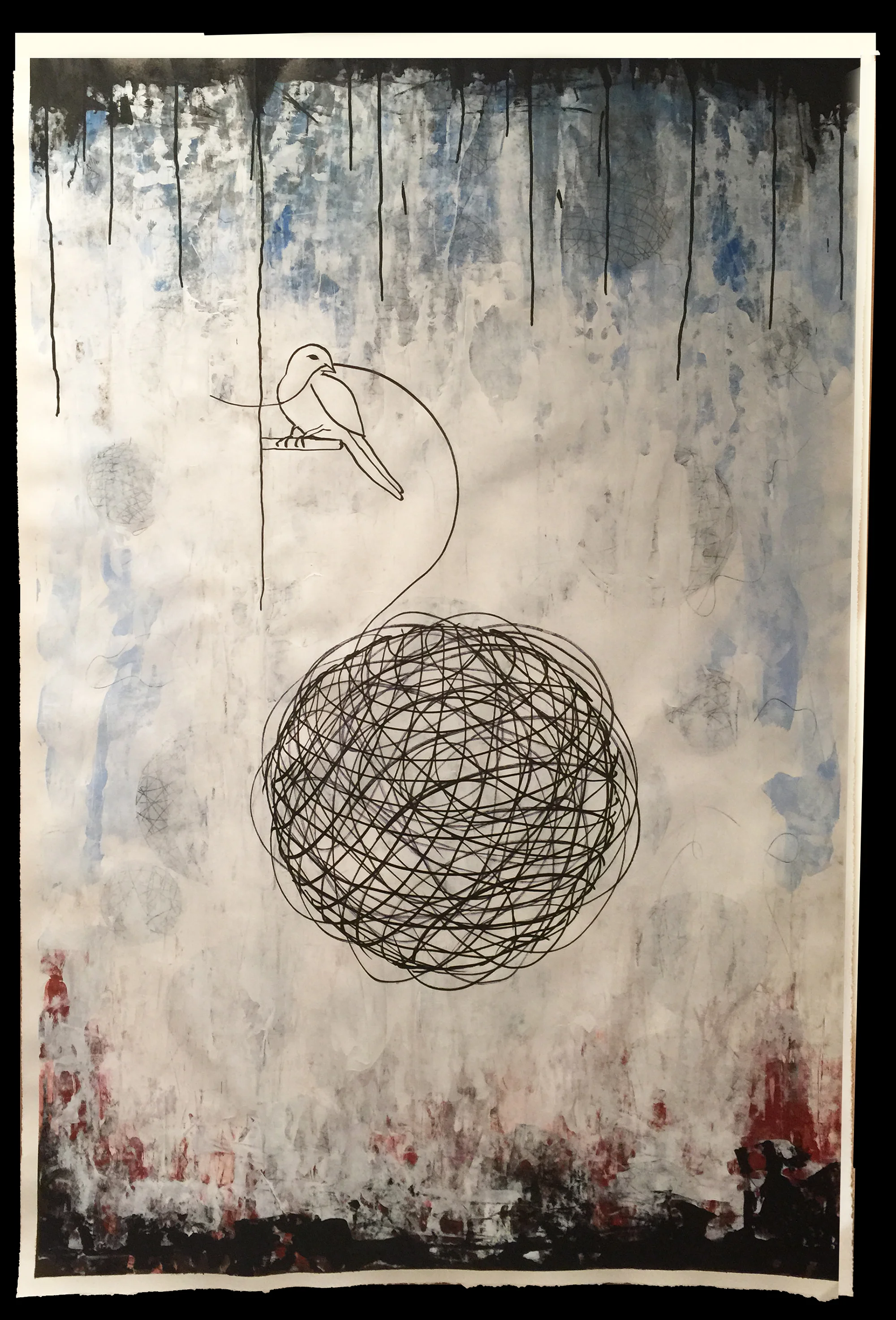 Waiting to Unravel, 73" x 50", 2017, Acrylics on Hand Made Paper