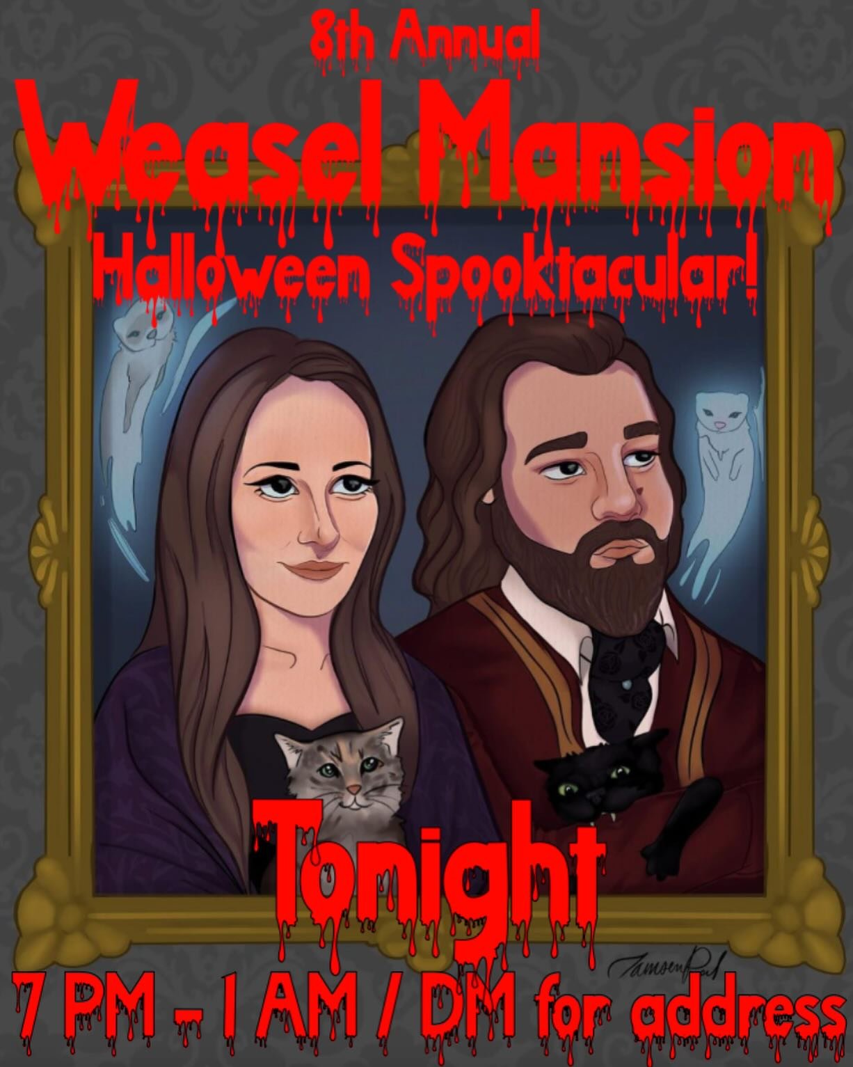 Tonight! Thanks to @tamsen.arts for the awesome promo poster from a previous party! 

#weaselmansion #halloween #halloween2024 #halloween2024🎃👻🕷️ #halloweenparty #halloweenparty2024 #spooky #spookyseason