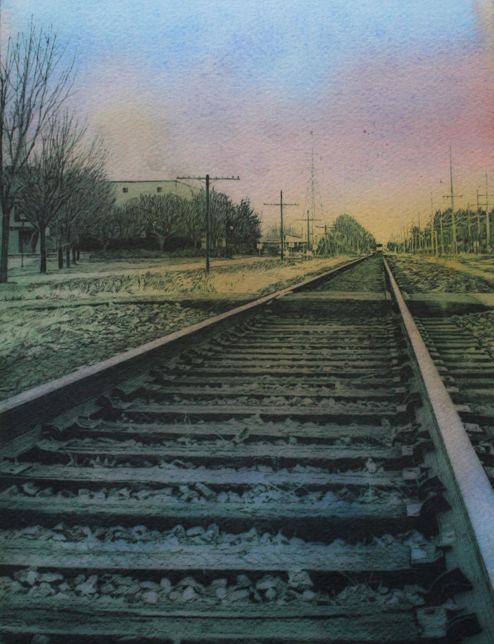 GOSHEN COLLEGE TRACKS (Illustration for the Goshen College Bulletin magazine cover, Winter 2012-13) medium: photograph, watercolor, pen size : 8" x 10" date: 2013
