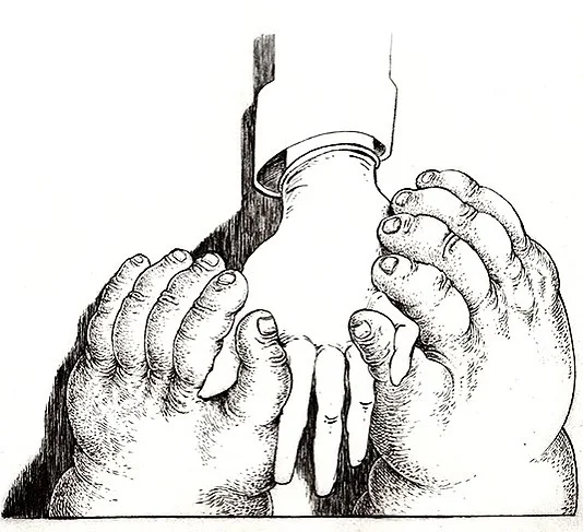 An excerpt from "The Diner" by Benjamin Sheppard
Illustrated by Bruno Nadalin  @bruno_nadalin 
#CP18 comes out October 24th at Editions/Artists' Books Fair @eabfair &ldquo;Let me see your hands.&rdquo;
This was always the first question asked. They thought the simple act of touch would confess all morsels of a history. I wore gloves, so when they grasped my palms they couldn&rsquo;t feel me. This one was different. She put in effort to read the lines beneath my second skin.
I watched her fingers meet mine through a small pass in the wall. Her hands were tired ones, the kind that had been working even before birth. She kneaded the latex, feeling the stretch and wrinkle of rubber, massaging it in slow waves. Soon, she mapped them out. With that catalogue her index finger smoothed each imperfection in my palm, careful and contemplative.
#cp18 #carrierpigeon #illustration #drawing #magazine #penandink #inkdrawing #scifi #fiction #writing @papercrownpress #pcp