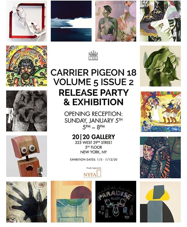 Join us on Sunday January 5th for the super official release of #cp18! 5-8pm at #blackburn20i20gallery 
#magazine #illustration #carrierpigeon #writing #contemporaryart #poetry #scifi #fiction #printmaking #graphicdesign #painting #drawing #publishing #prints #sculpture #papersculpture #portfolio #creativenonfiction #foilprinting #pcp #papercrownpress
