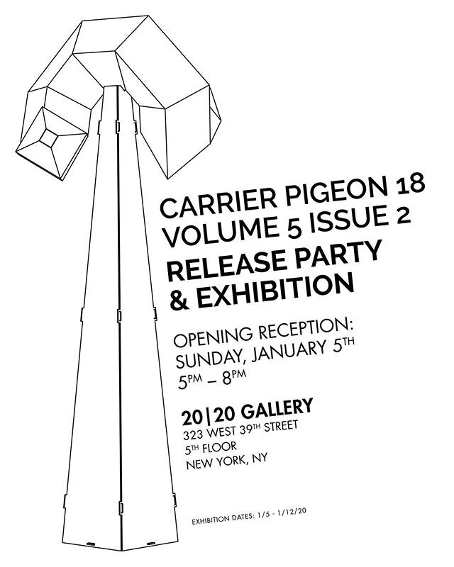 Join us on Sunday January 5th for the super official release of #cp18! 5-8pm at #blackburn20i20gallery 
#magazine #illustration #carrierpigeon #writing #contemporaryart #poetry #scifi #fiction #printmaking #graphicdesign #painting #drawing #publishing #prints #sculpture #papersculpture #portfolio #creativenonfiction #foilprinting #pcp #papercrownpress