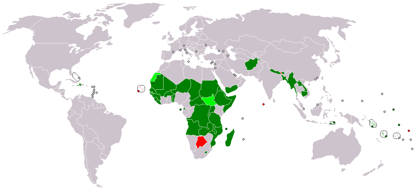Dark Green: LDCs in the scope of ECOSOC, Light Green: LDCs outside the scope of ECOSOC, Red: Graduated from LDC category. Source: Wikipedia