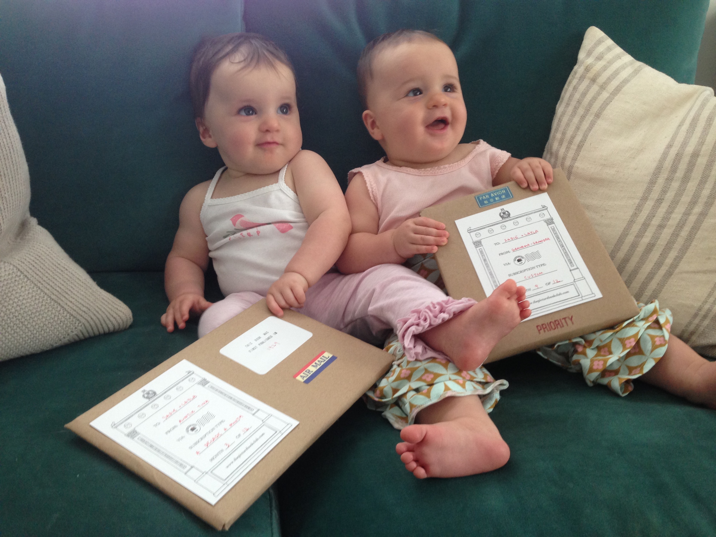 Sadie & Layla (aged 10 months) were given the Decade-A-Month subscription by a friend at their mother's baby shower. Their grandparents also bought them a custom subscription when they were born and requested books featuring twins. 