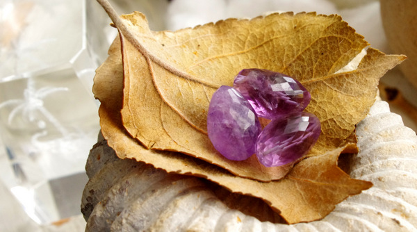 Faceted amethyst beads hanging out on two of my treasures, some old dried leaves and a cool fossilized ancient sea creature.