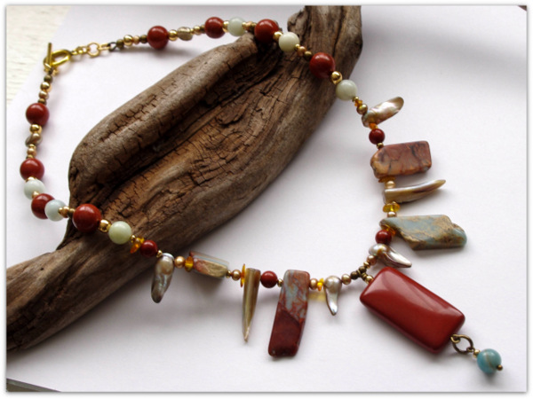 A couple types of Jasper (Red and Aqua Terra) with some pale blue, calming Amazonite would make a lovely gift for Mom or Sister, Aunty or Grandma.