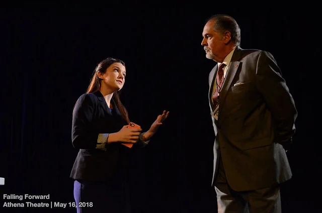 Kelsey Peterson and Steve Hoose in help who's next by Kathryn Funkhouser, Dir. Veronica Dang, athena Theatre, 2018. Photo: BittenbyaZebra.