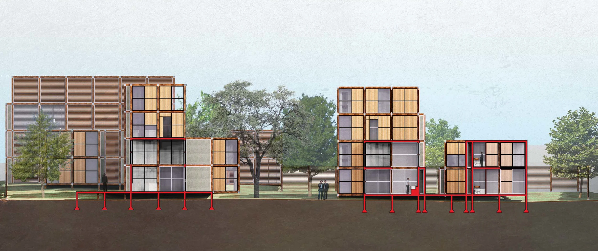 6200 NORTH LAMAR BOULEVARD Spring 2013 | Design 4 | Professor Charlton Lewis Design for an apartment complex on North Lamar in Austin, Texas. The project explores a modular timber frame structure with curtain wall infill. The frames are assembled into 10’ x 10’ blocks, the blocks are then assembled and stacked as small communities. These clusters are then placed among the sites many existing trees, creating a meandering path way that links the major corridor of North Lamar Blvd. to the quiet neighborhood just beyond it. The buildings touch the ground lightly, minimizing impermeable cover in a suburban neighborhood where asphalt normally dominates.