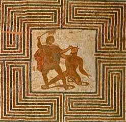 Roman mosaic depicting the battle between Theseus and the Minotaur in the labyrinth