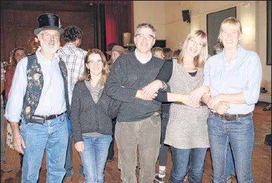 YEE-HA: Mike Giblin, Terie and Michael Quealy, Lanie Donaldson and Mareike Borchard were keen to launch into a toe-tapping dance routine at the Mittagundi bush dance.