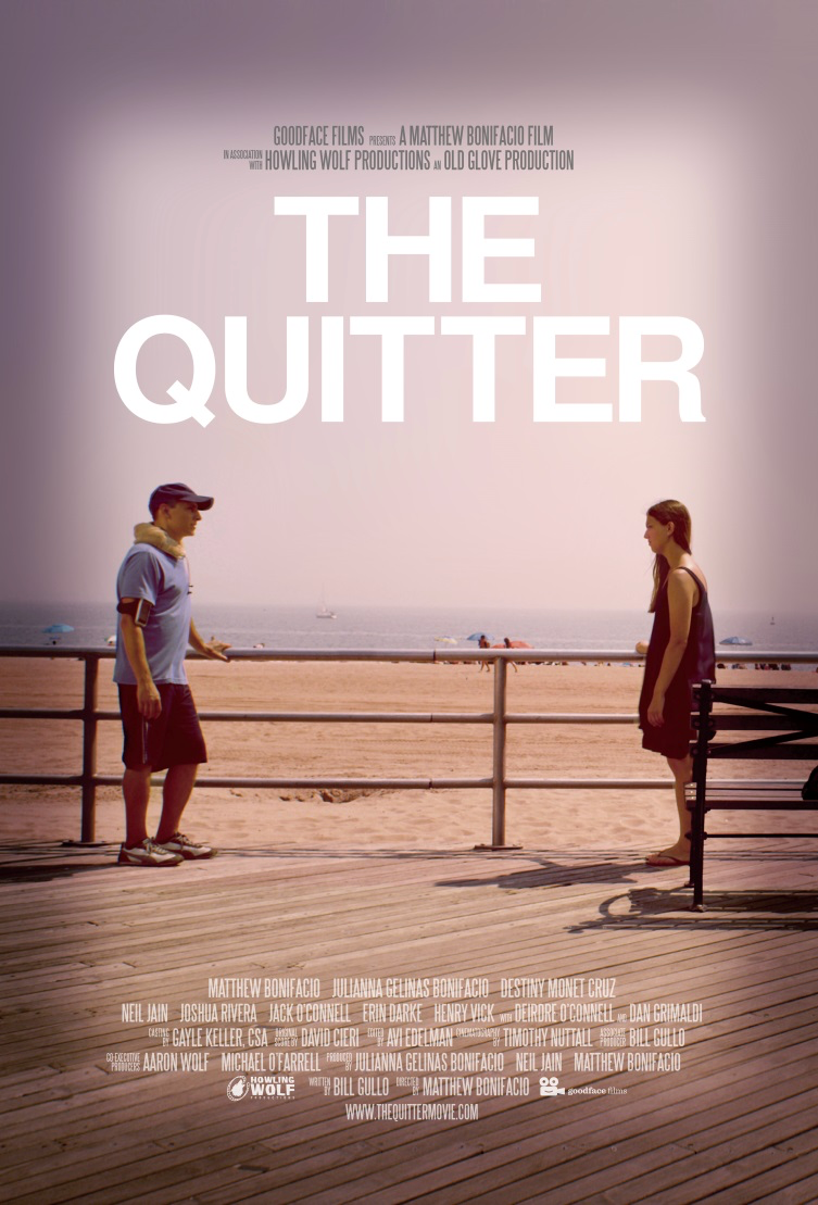Poster for the movie 'The Quitter' featuring a man and woman standing apart on a boardwalk at the beach, facing each other with a row of railings between them, and the ocean in the background.