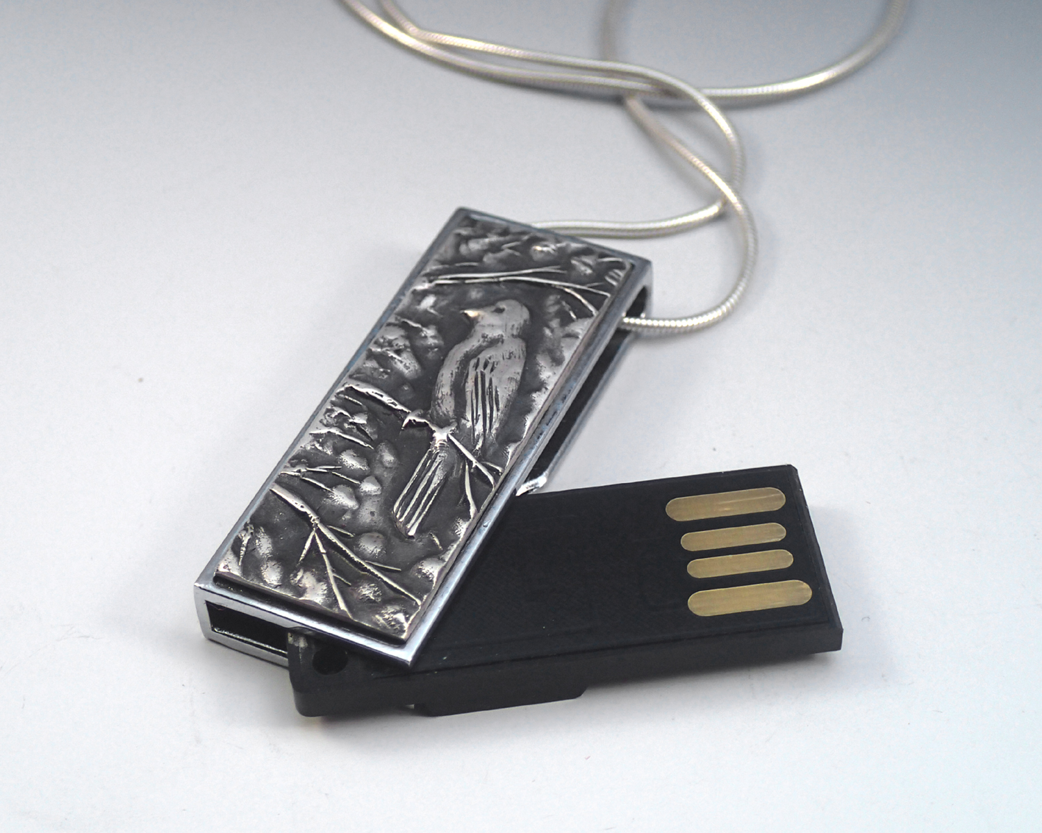 Carved PMC fine silver flash drive pendant