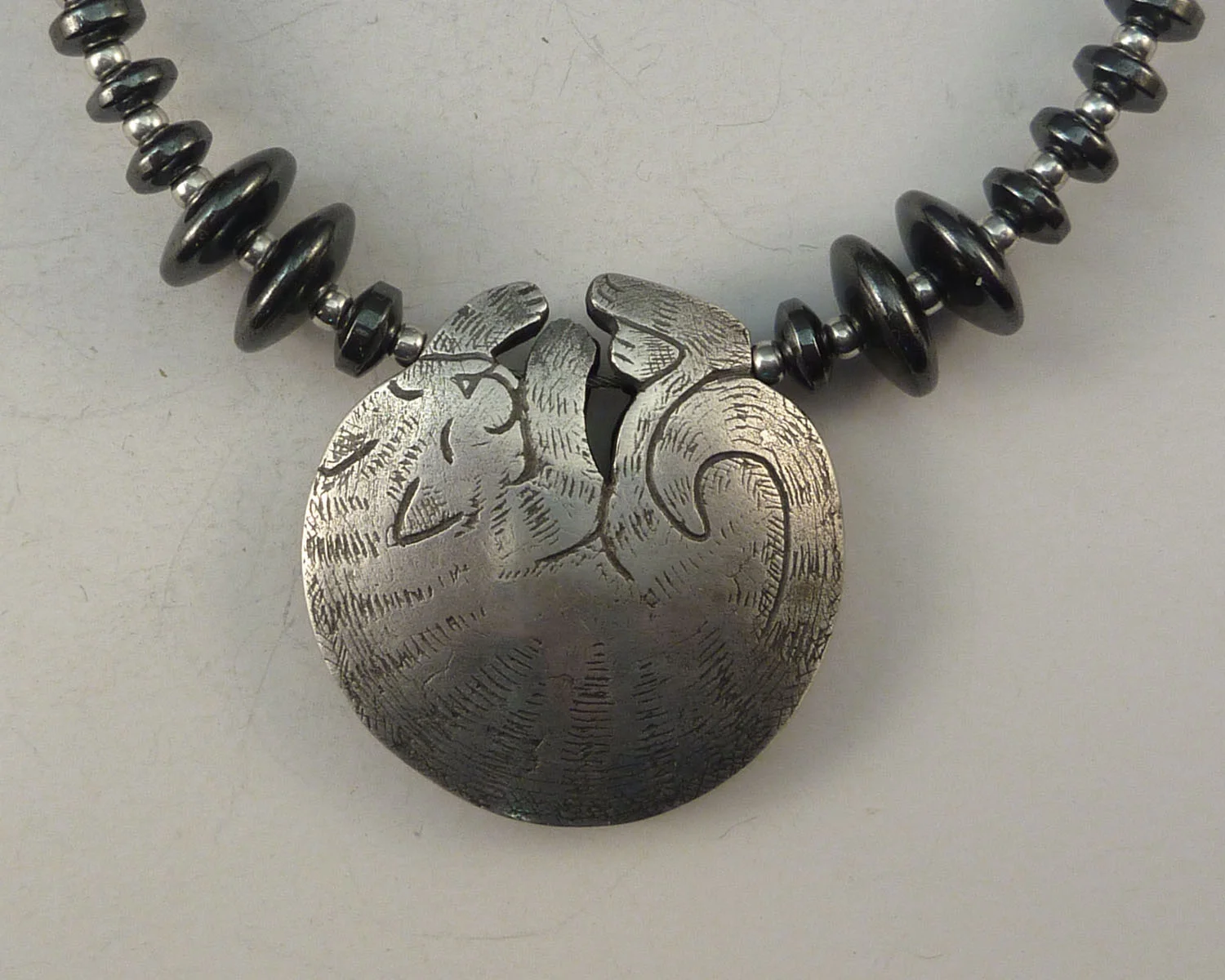 Cat lentil bead focal in PMC fine silver with hematite and sterling