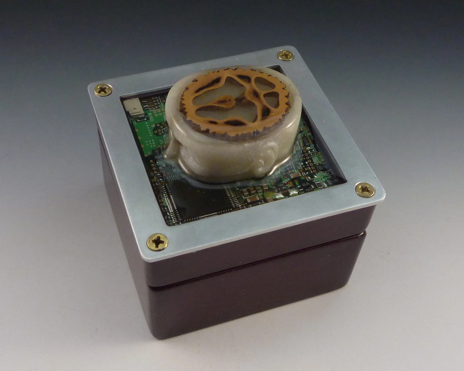 "Nut Case" aluminum, pc board, soapstone, walnut shell slice, wood box 5 x 5 x 5 cm