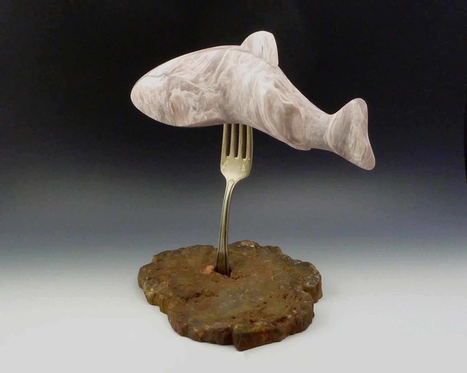 "Empty Oceans" Soapstone, petrified wood, fork, 20 cm tall