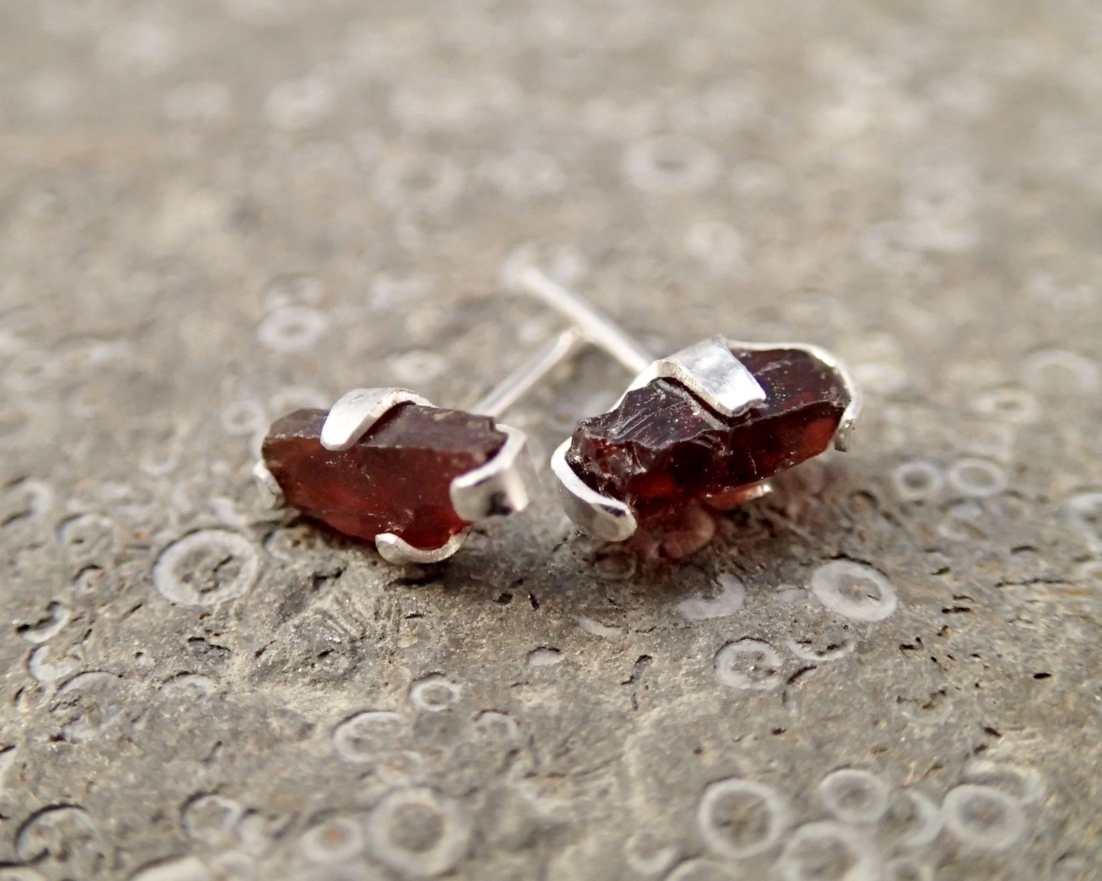 Raw Adirondack garnets, custom sterling studs