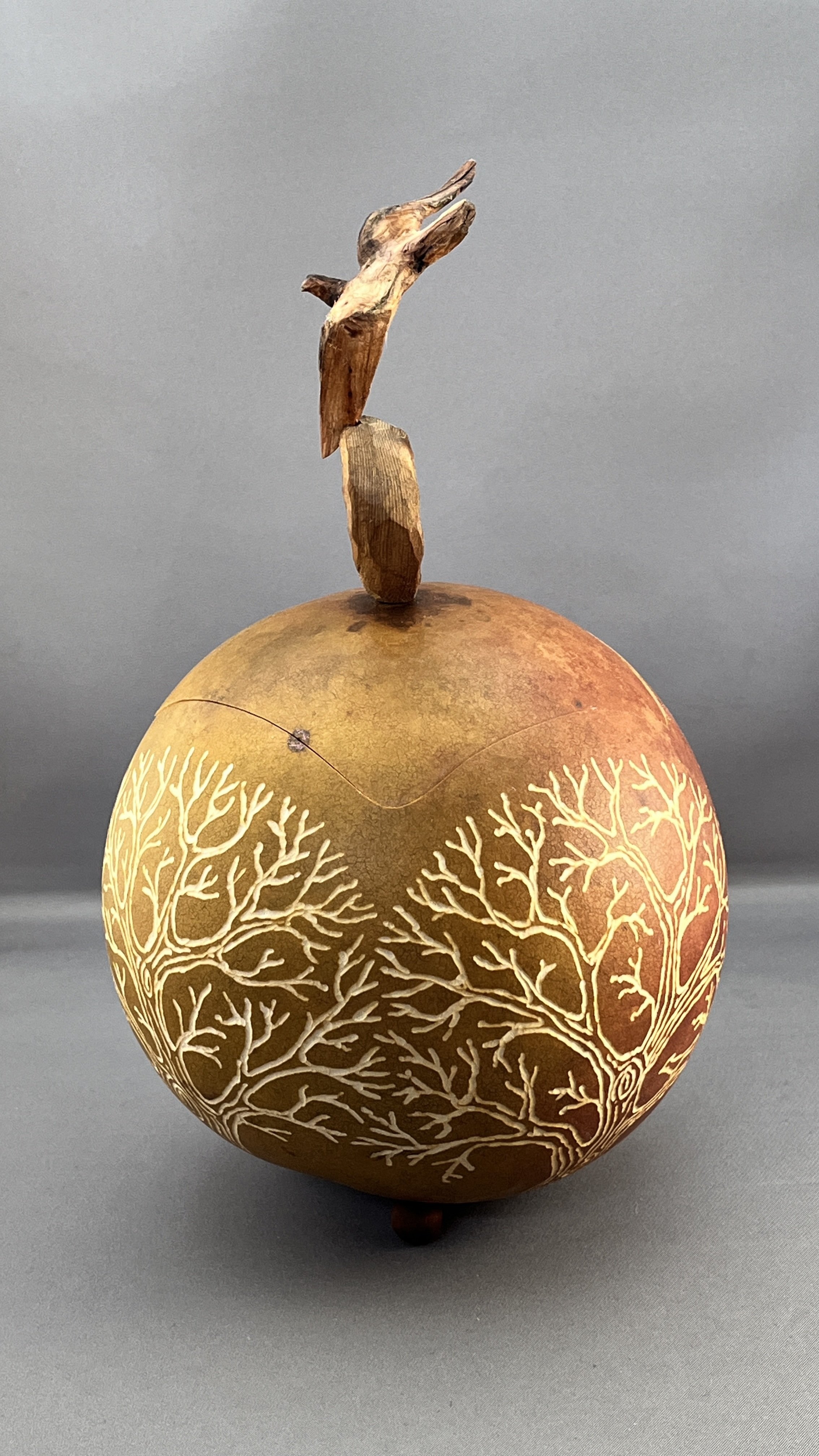 Gourd box with carved bird knob