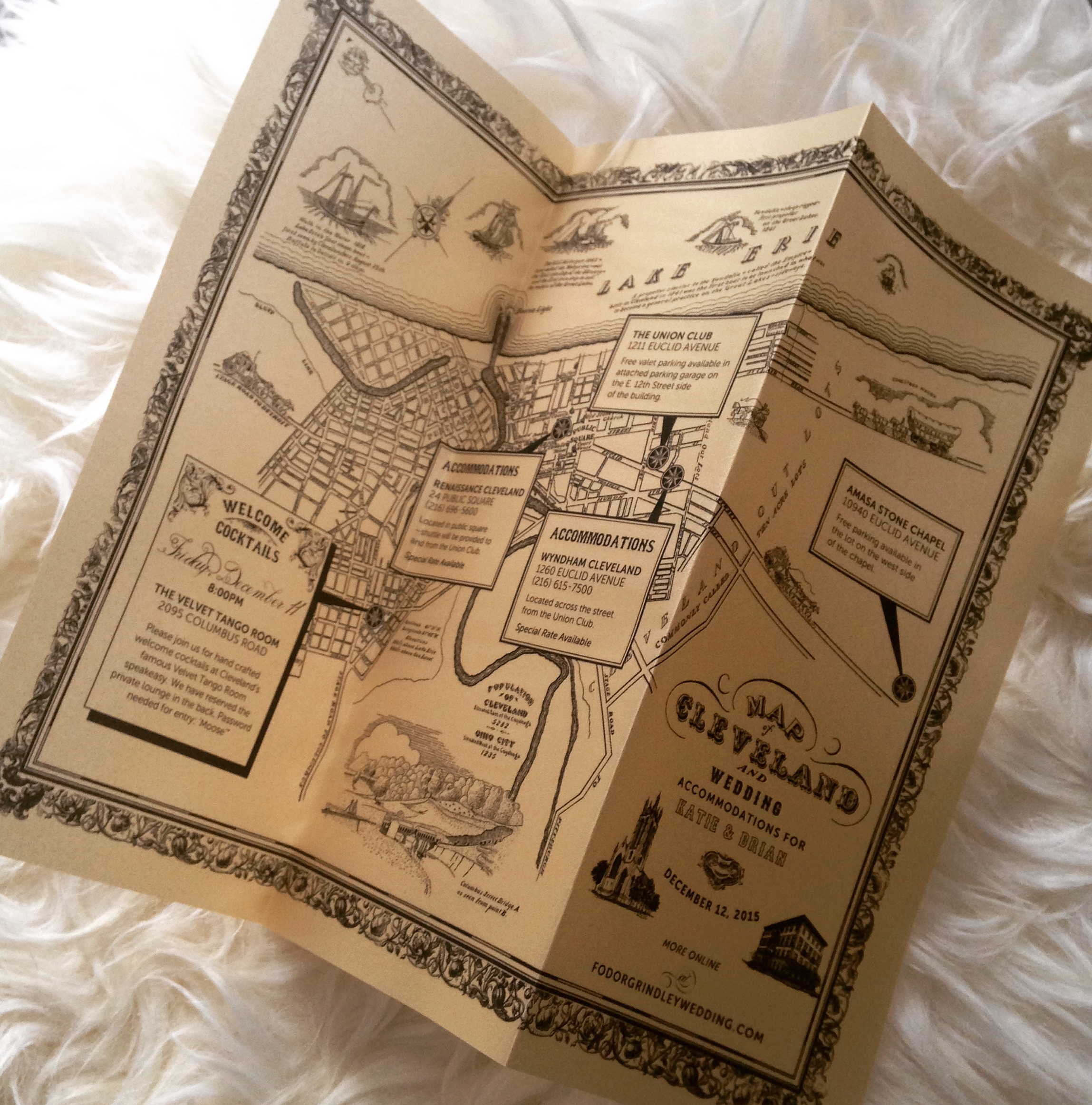 Custom vintage map included in wedding suite