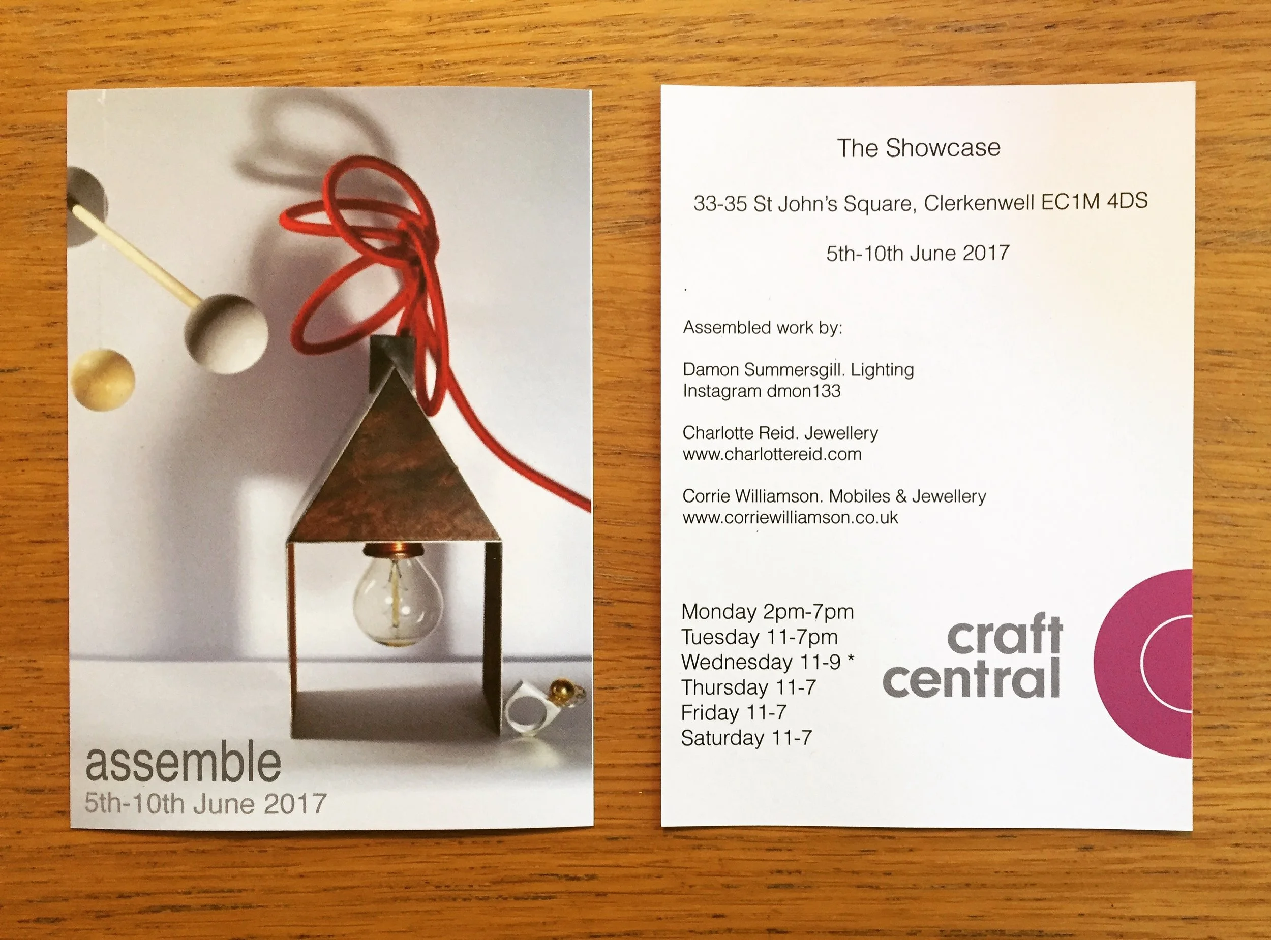 Come and see work on show at 'assemble' from 5th-10th June 33-35 St Johns street EC1M 4DS . Lighting design by Damon Summersgill, Jewellery and Mobiles by Corrie Williamson and Jewellery from myself. 