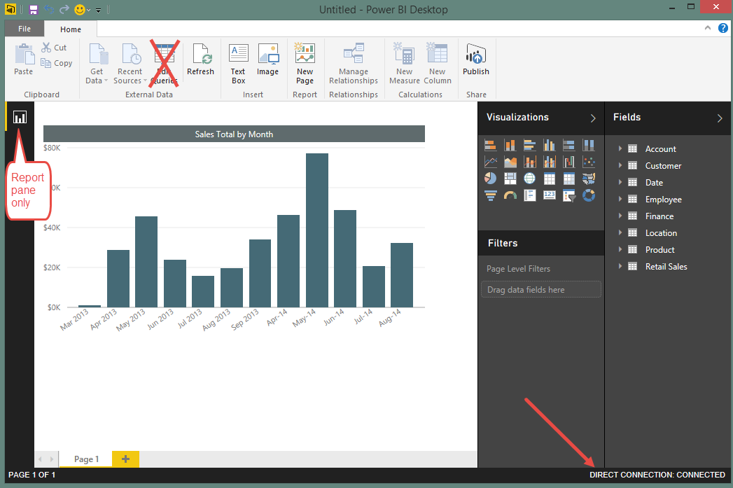 How the SSAS Tabular direct connection looks in Power BI Desktop