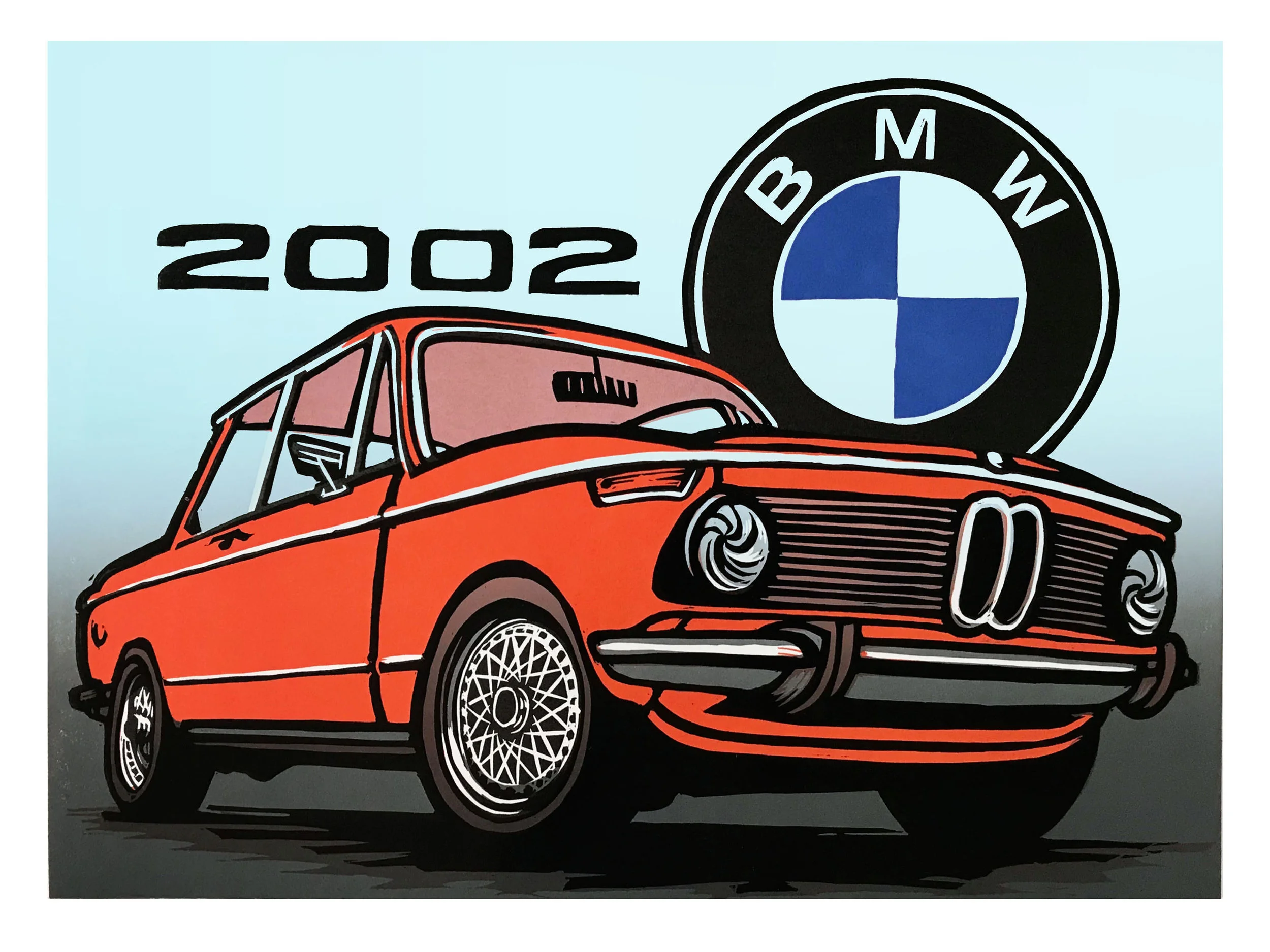 “BMW 2002” | 18x24” 5 Color Woodcut Print on 135lb Mohawk Paper by Martin Mazorra Price: $200.00 (unframed) $300.00 (framed) | Edition size: 50 