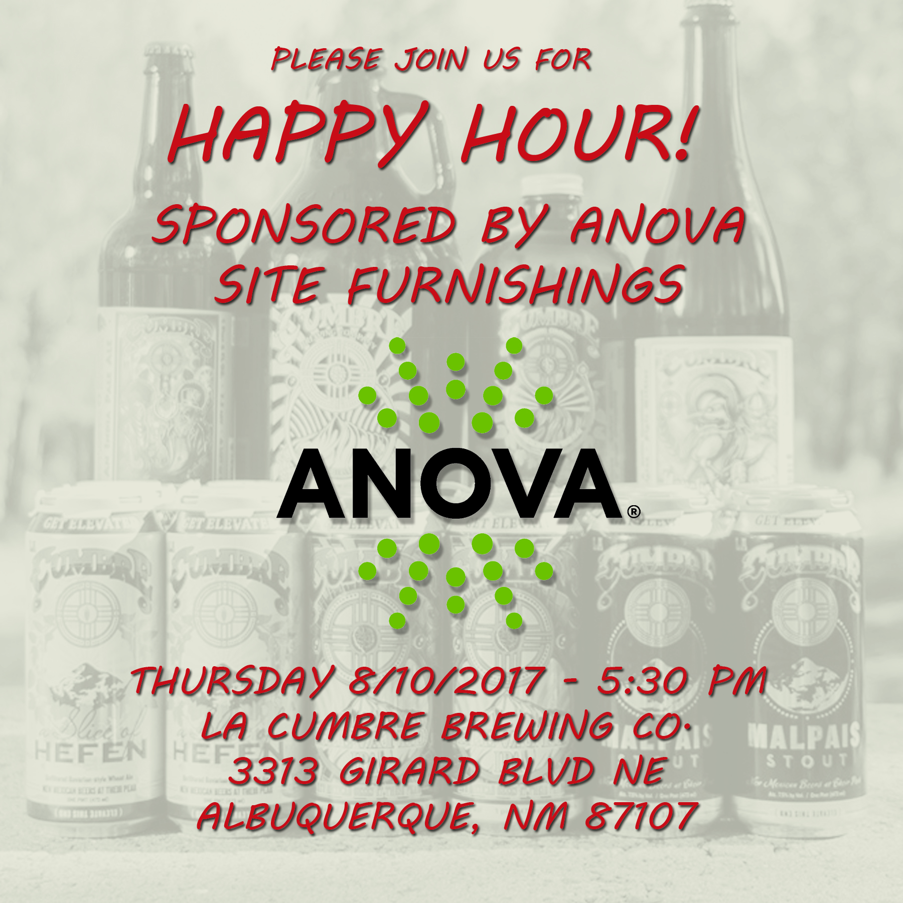 Please join us for Happy Hour, sponsored by Anova Site Furnishings!