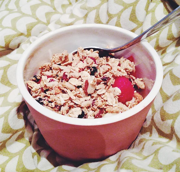 Early Morning Granola in my handmade artisan bowl, a great gift from a coworker and friend of mine.