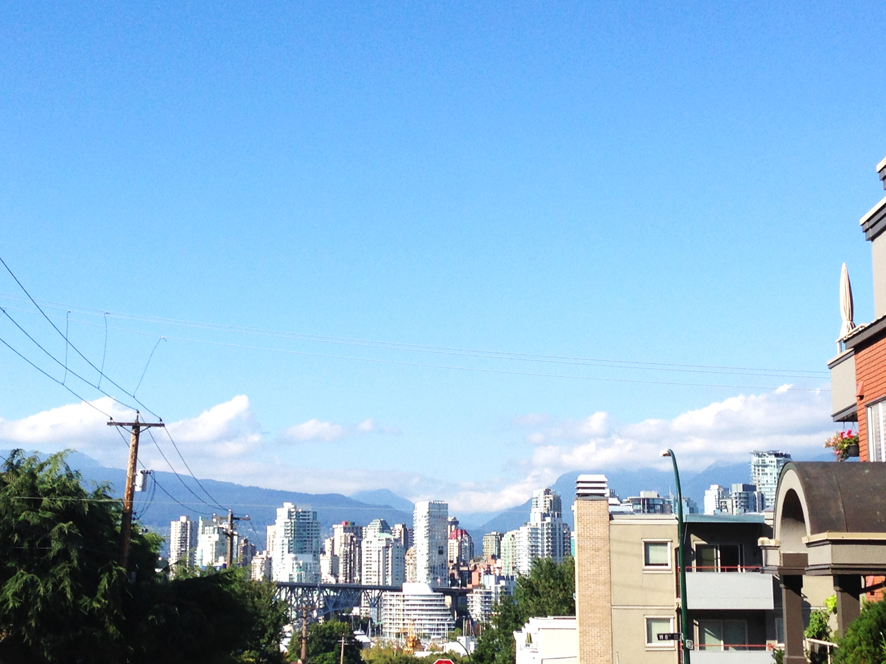 The view of downtown Vancouver from a street in Kitsilano. Wish I had this view out my window everyday.