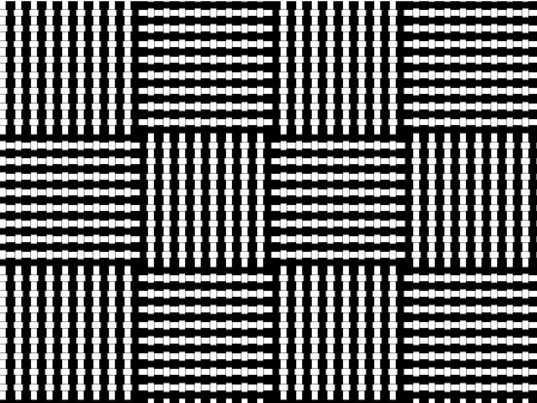 A black and white geometric pattern composed of small white rectangles arranged in horizontal and vertical lines, creating a grid-like design with a mosaic of square blocks in a repeating pattern.