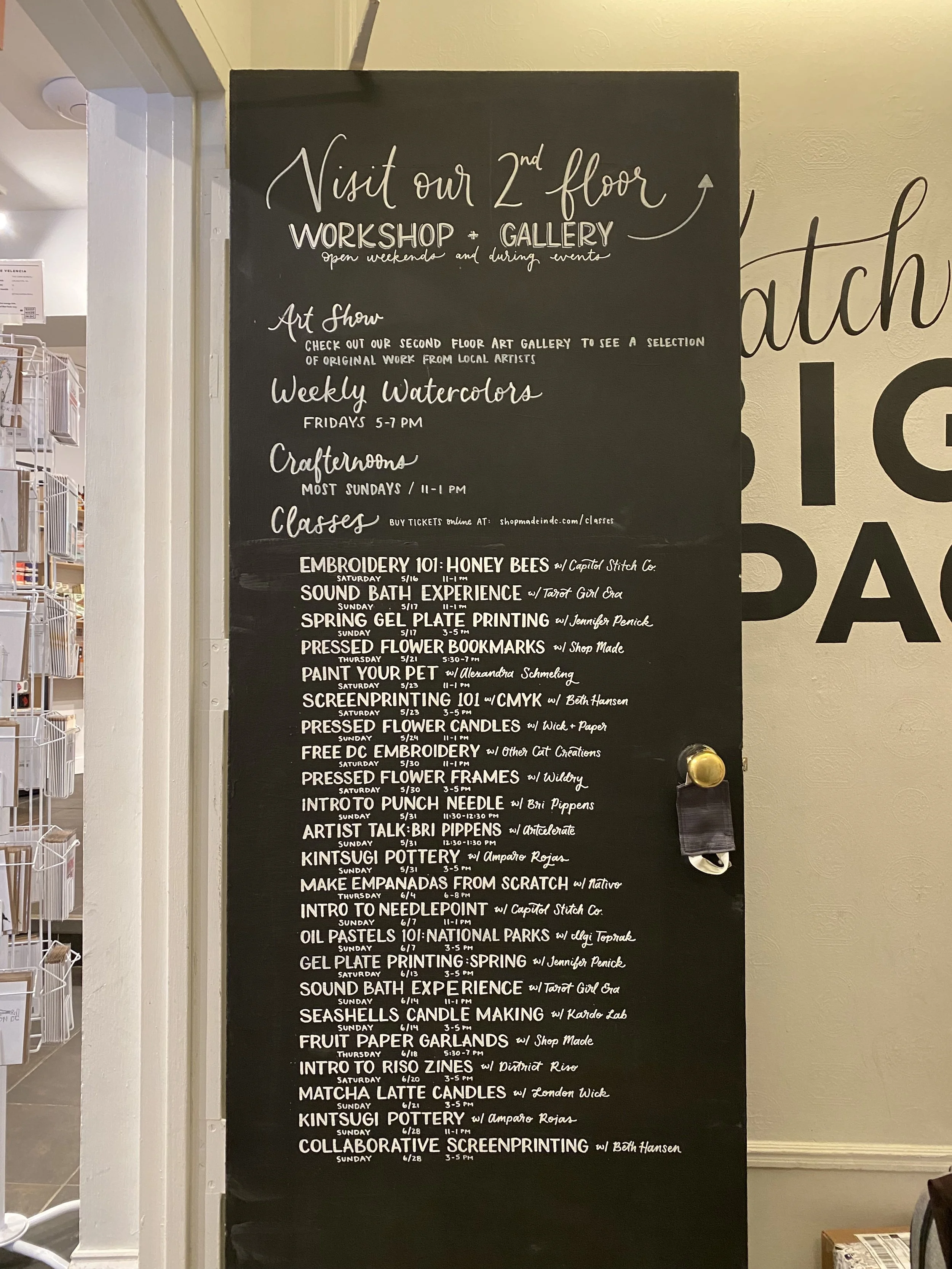 I hand letter the bi-monthly programming board highlighting workshops for Shop Made in DC Georgetown.